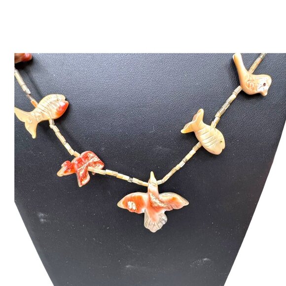 Vintage Zuni Bird Fish Fetish Necklace Matching Earrings Carved Native American - Picture 2 of 15